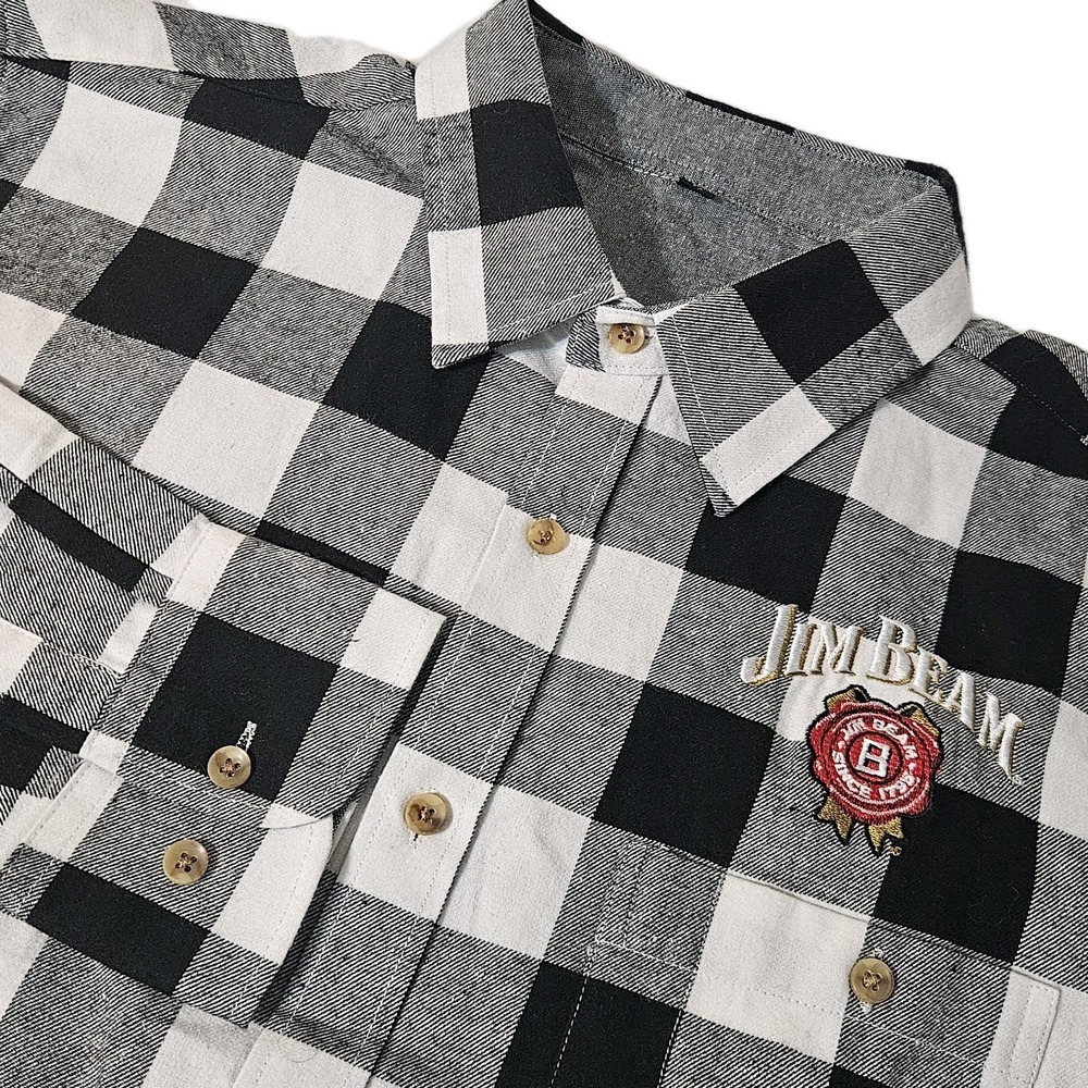 Jim Beam Flannel Shirt Black Gray Embroidered Logo‎ Button M Plaid Dress